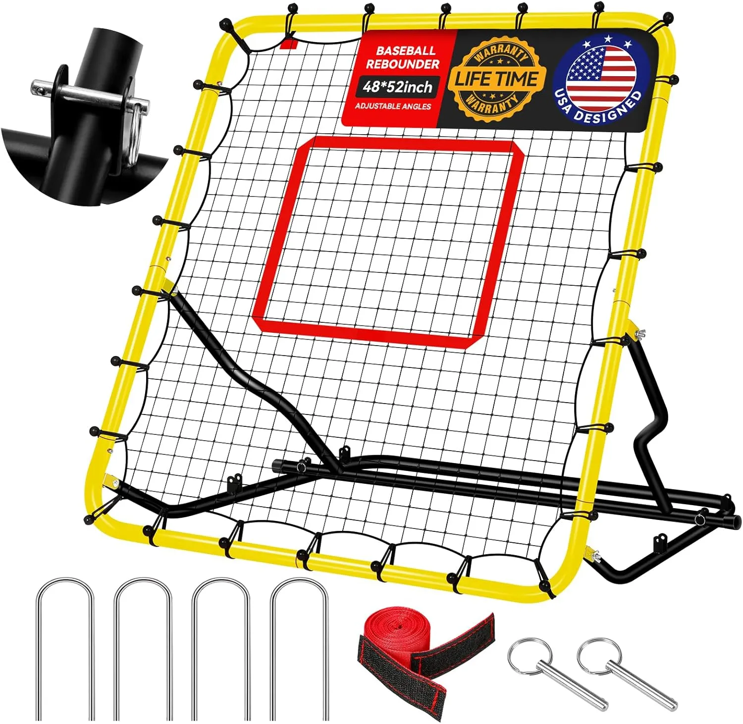 48x52inch Baseball Rebounder Anti-UV 3 Adjustable Angles Fielding Trainer, Volleyball Softball Football Rugby Baseball Bounce Back Net Stable Easy Storage Pitch Back Rebound Net with 4 Stakes