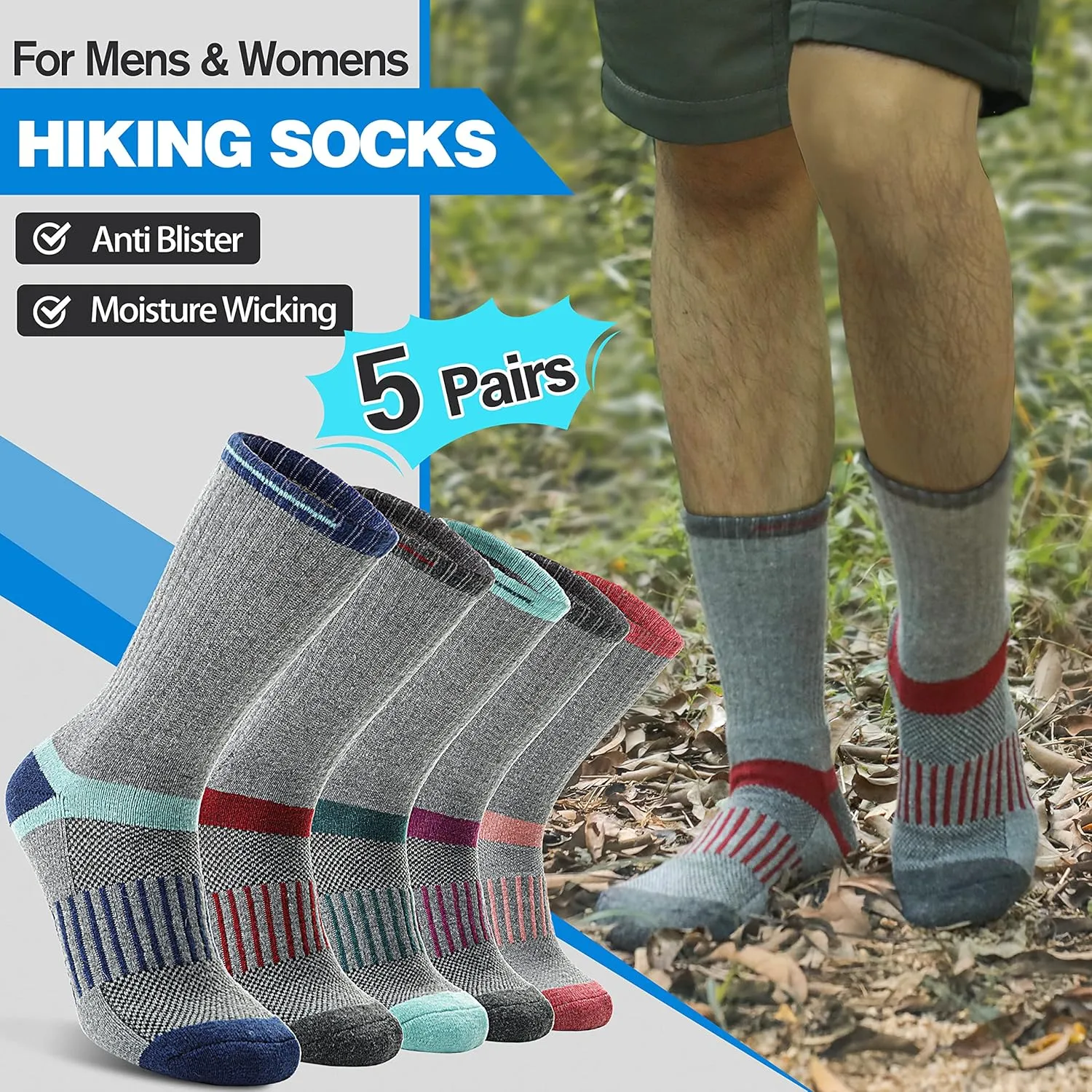 5 Pairs Merino Wool Hiking Socks Warm Thermal Winter Cozy Cushioned Moisture Wicking Socks for Women & Men