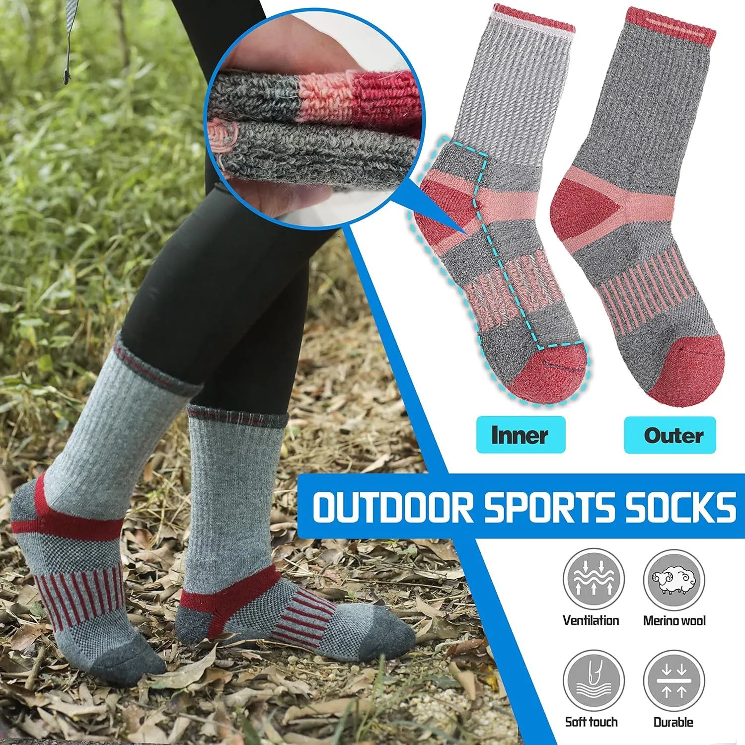 5 Pairs Merino Wool Hiking Socks Warm Thermal Winter Cozy Cushioned Moisture Wicking Socks for Women & Men
