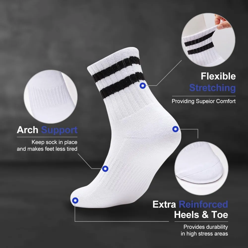 6-Pack Cotton Stripe Quarter Crew Socks, Extra Thick Cushioned, Daily Comfort for Men & Women