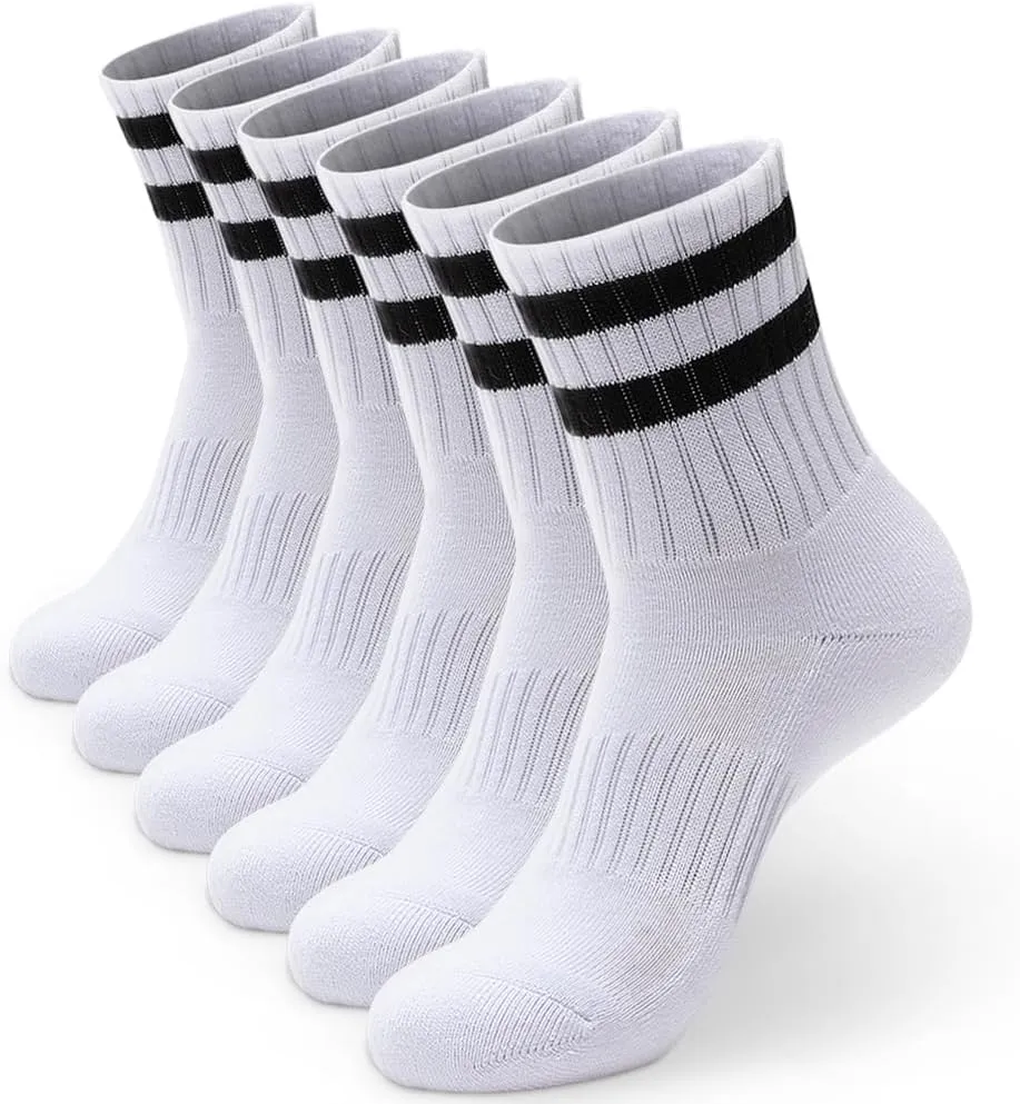 6-Pack Cotton Stripe Quarter Crew Socks, Extra Thick Cushioned, Daily Comfort for Men & Women