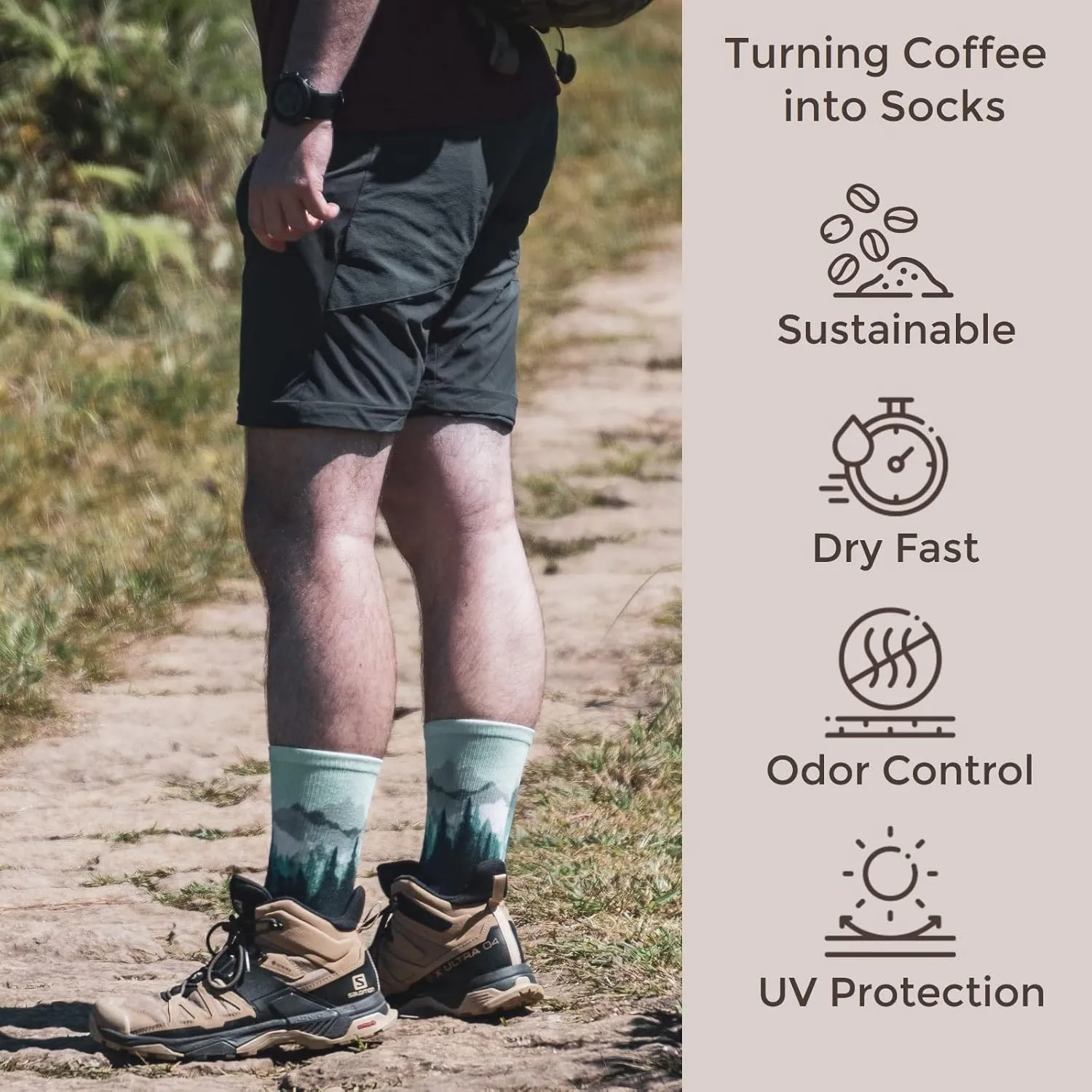 APRIME ECO-CAFE Crew Cushion Outdoor Socks Made from Coffee Grounds for Hiking, Trail Running, Climbing and Cycling