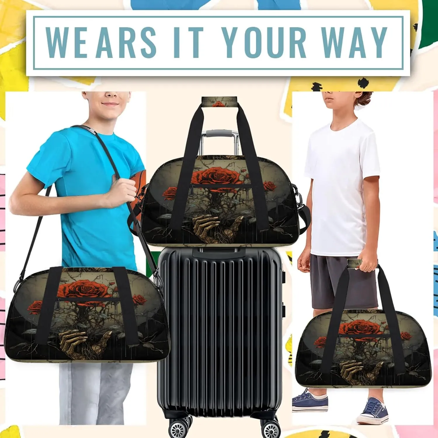 Art Rose Flower Skull Small Gym Bag 18 inch Carry On Duffel Bag for Weekender Travel Sports Workout Yoga Gymnastics Dance Ballet
