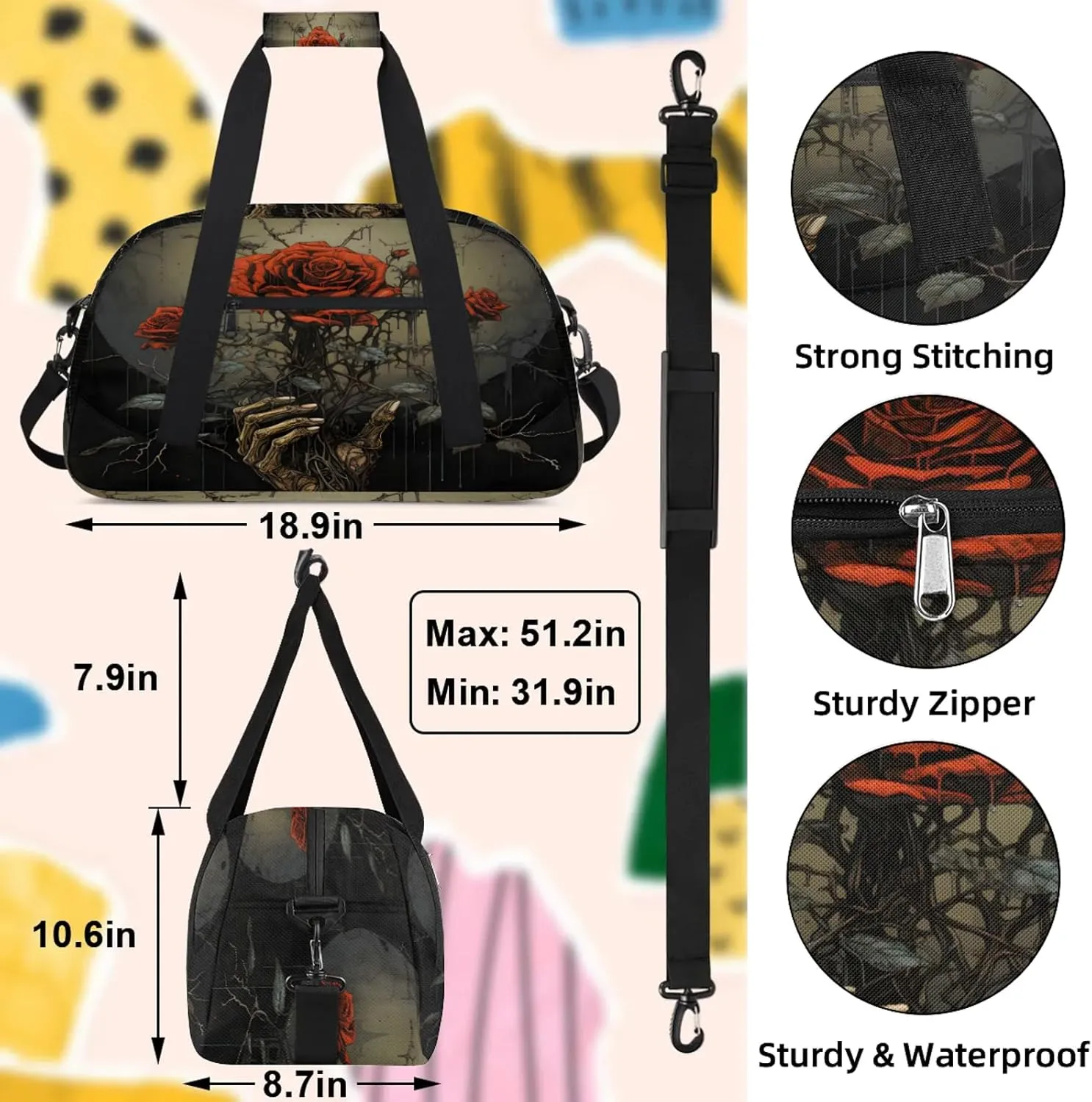 Art Rose Flower Skull Small Gym Bag 18 inch Carry On Duffel Bag for Weekender Travel Sports Workout Yoga Gymnastics Dance Ballet
