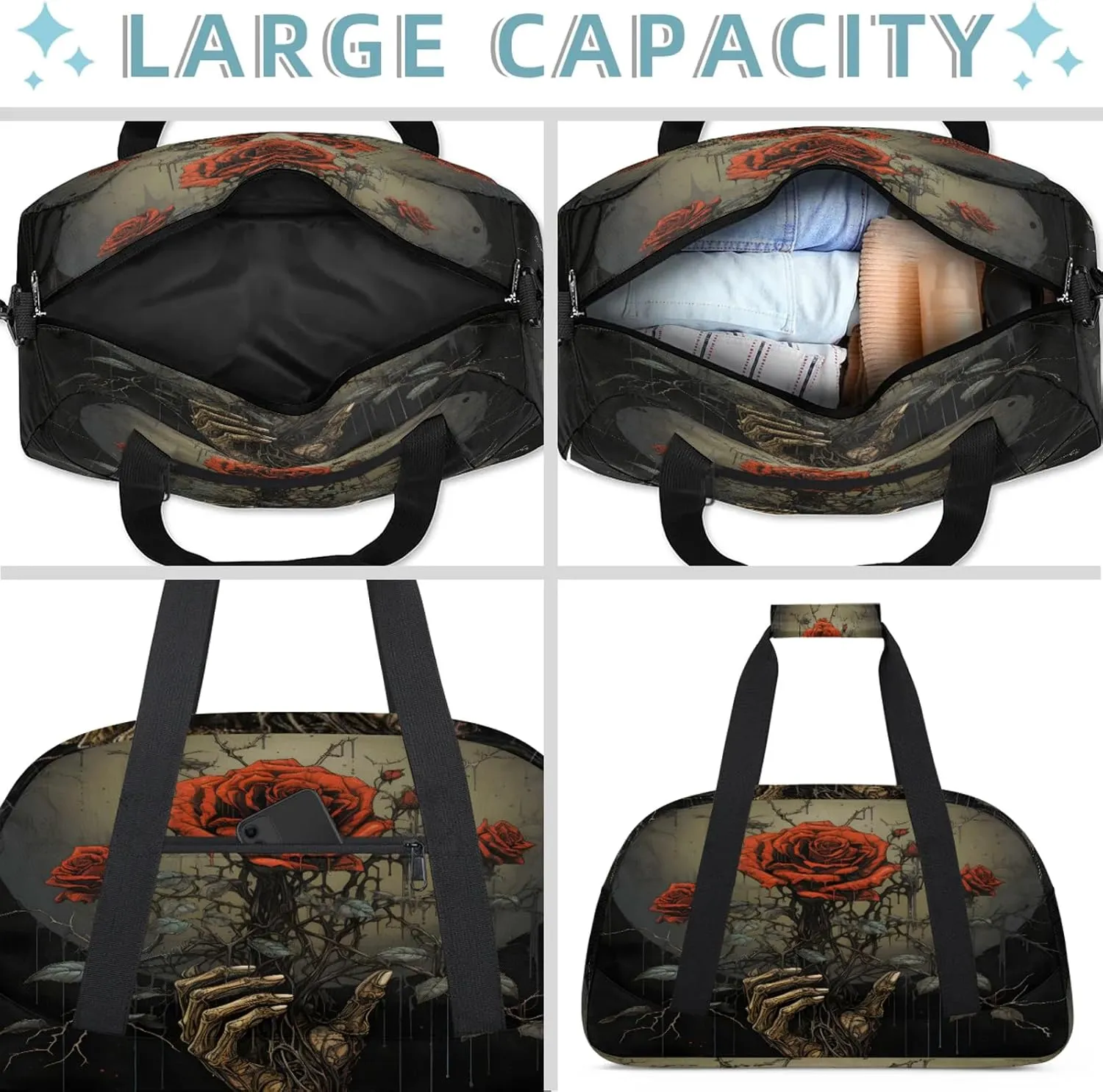 Art Rose Flower Skull Small Gym Bag 18 inch Carry On Duffel Bag for Weekender Travel Sports Workout Yoga Gymnastics Dance Ballet