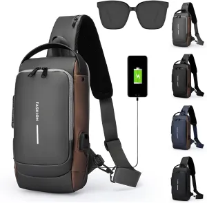 Auricz Sling Bag, Leyweio Carbon Fiber Streamline Anti-Theft Sling Bags, Waterproof USB Charging Sports Shoulder Crossbody Chest Backpack (Gray Gold)
