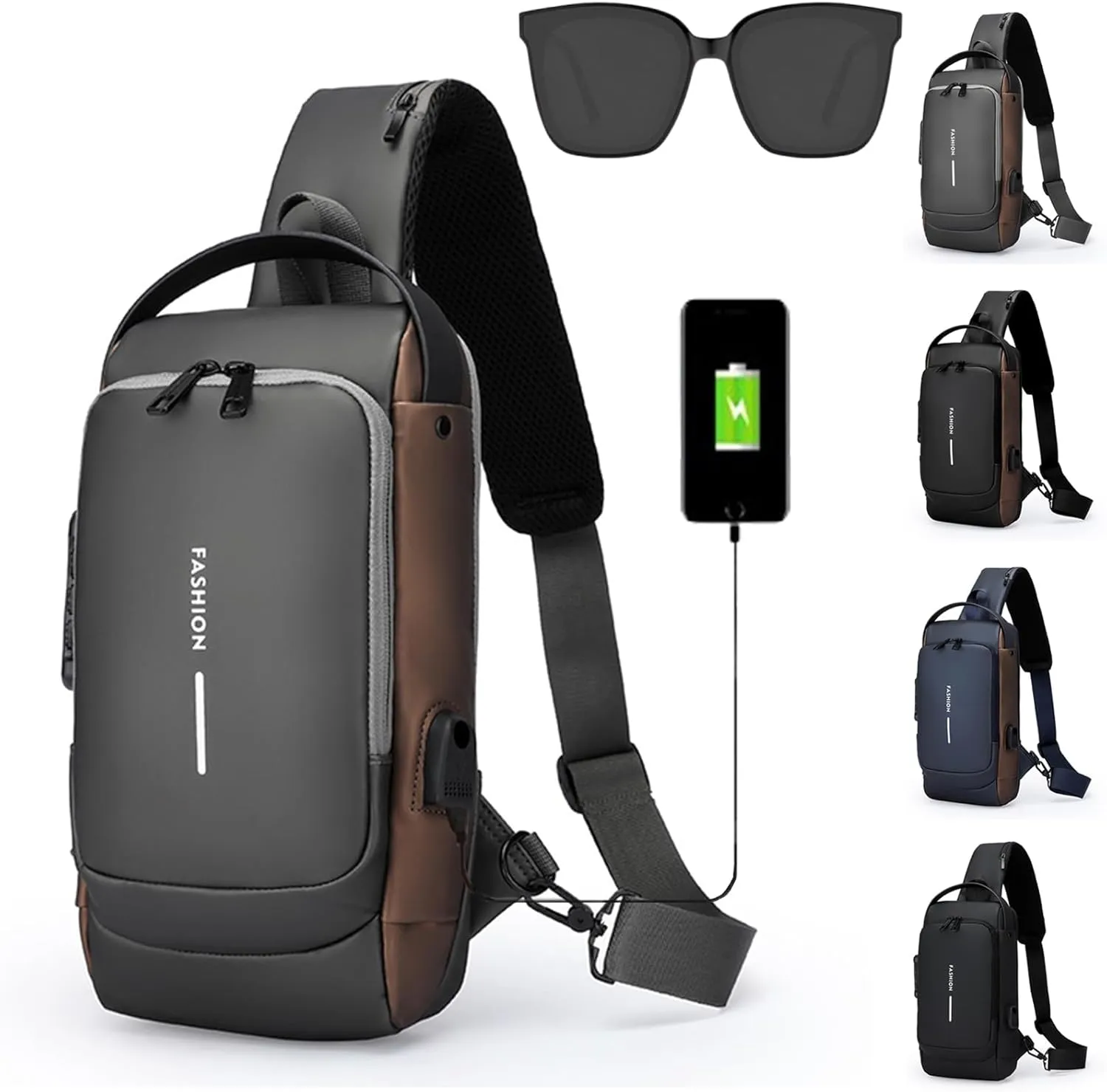 Auricz Sling Bag, Leyweio Carbon Fiber Streamline Anti-Theft Sling Bags, Waterproof USB Charging Sports Shoulder Crossbody Chest Backpack (Gray Gold)