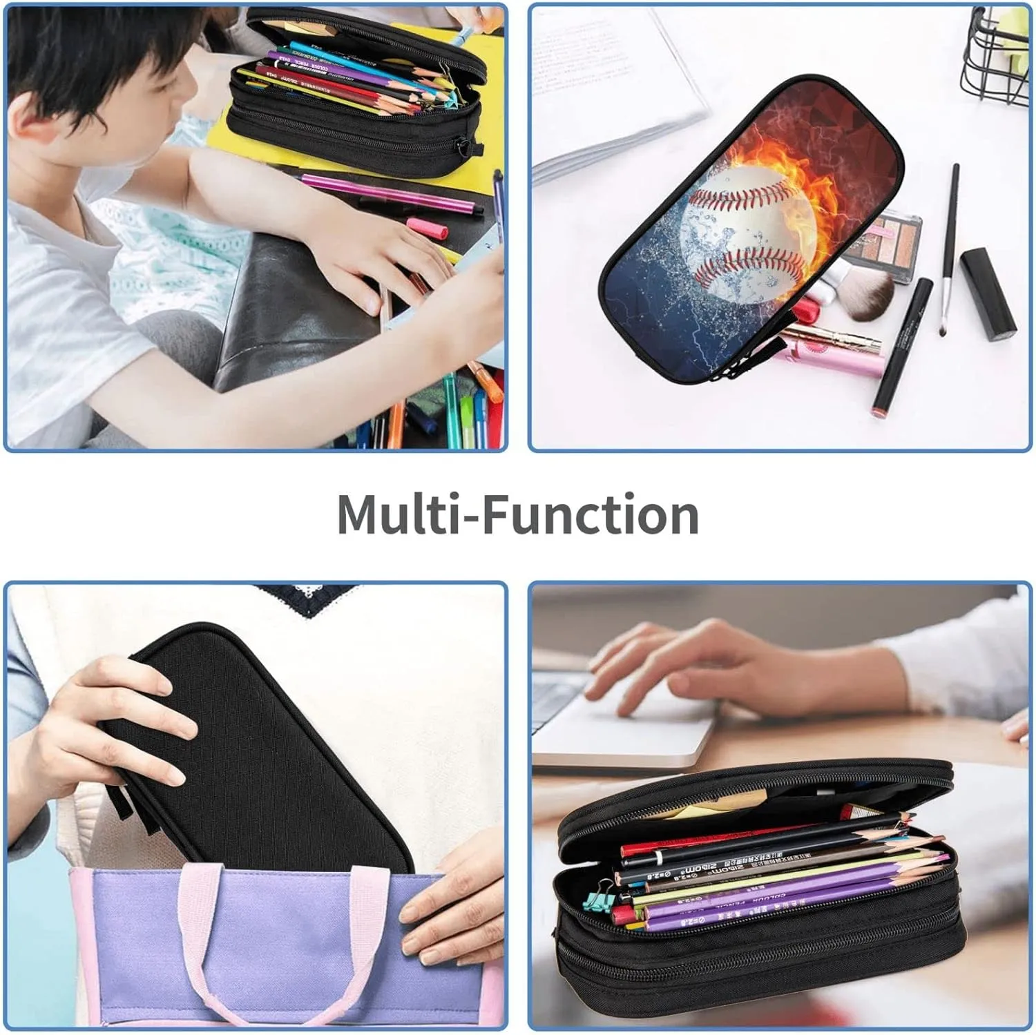 Baseball Pencil Box for Boys, Cool Sports Pencil Case with Water & Fire Background, Zipper Pouch Desk Organizer Travel Pen Box Stationery Organizer Bag Cosmetic Makeup Bag for Baseball Girls Lovers
