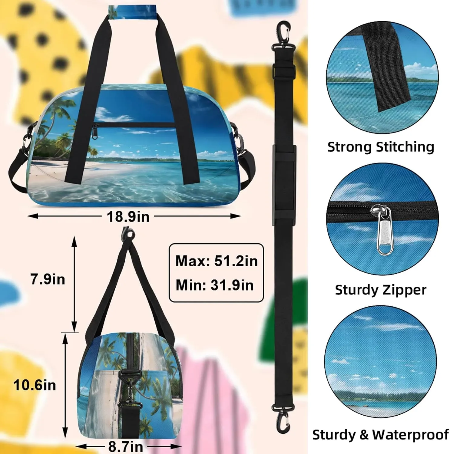 Beach Ocean Landscape Small Gym Bag 18 inch Carry On Duffel Bag for Weekender Travel Sports Workout Yoga Gymnastics Dance Ballet