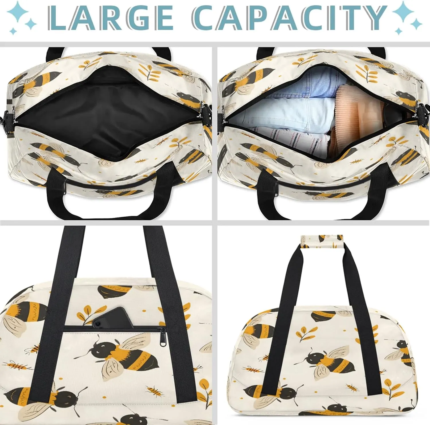 Bee Small Gym Bag 18 inch Carry On Duffel Bag for Weekender Travel Sports Workout Yoga Gymnastics Dance Ballet