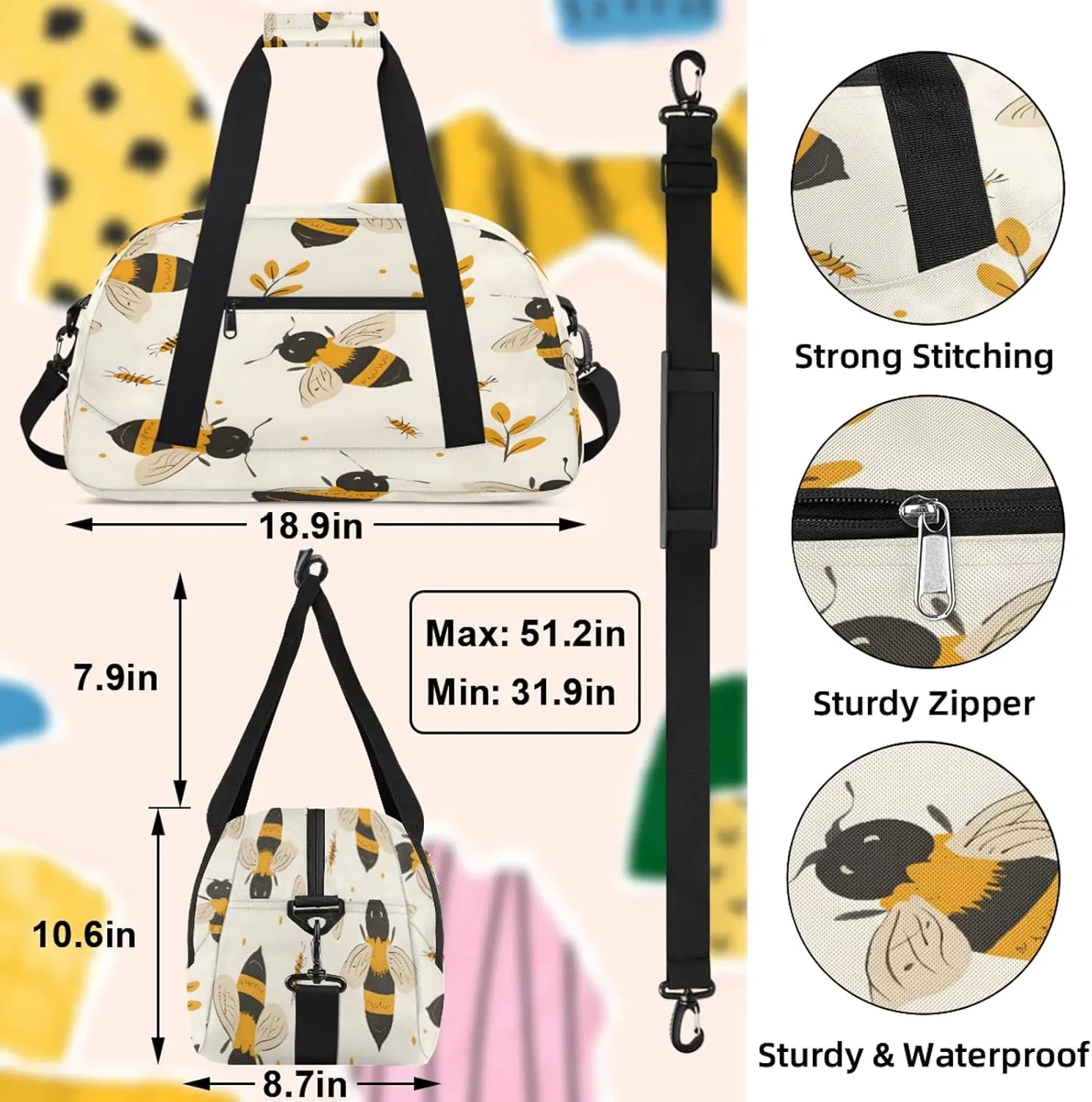 Bee Small Gym Bag 18 inch Carry On Duffel Bag for Weekender Travel Sports Workout Yoga Gymnastics Dance Ballet