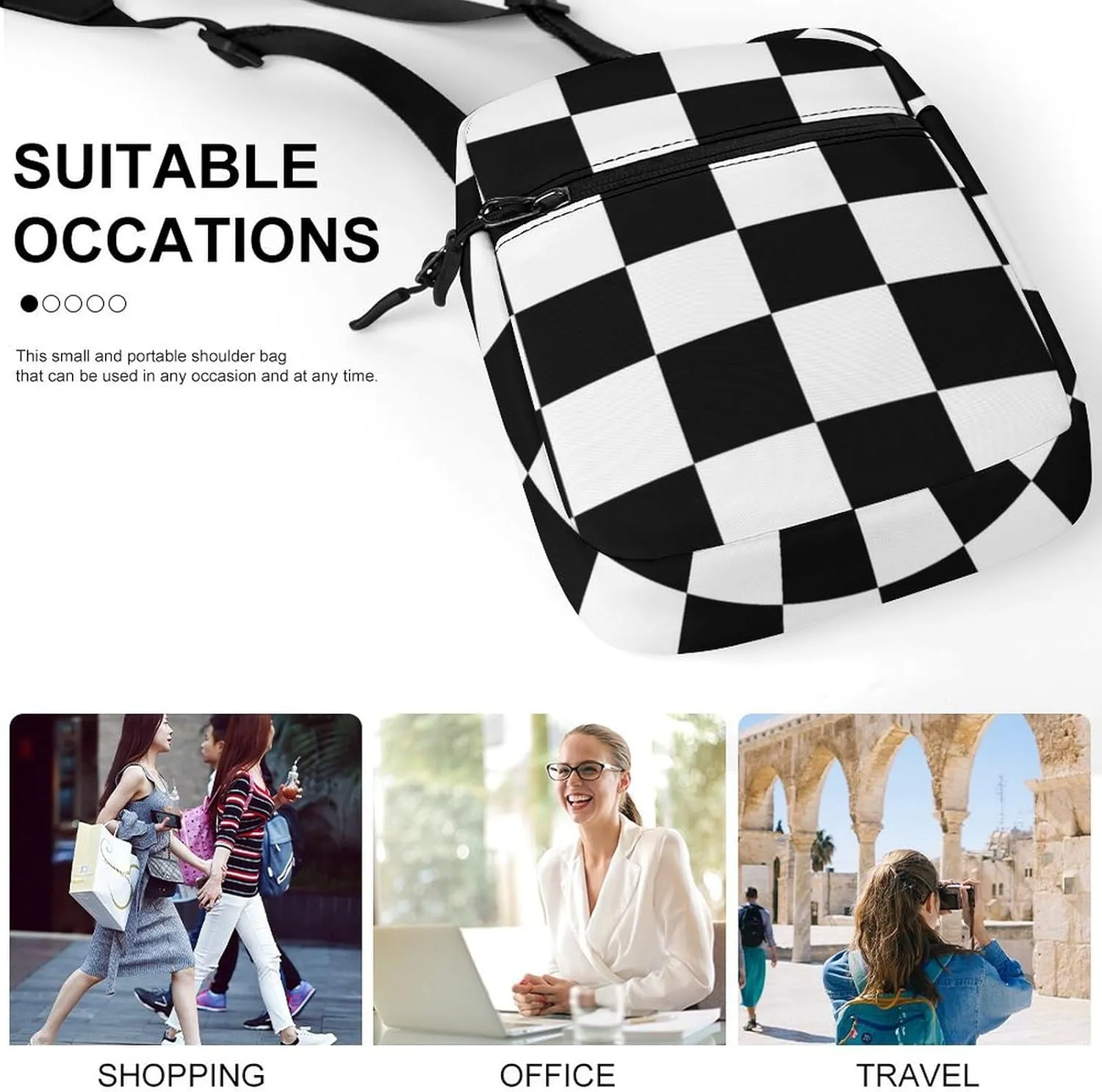 Black And White Checkered Pattern Crossbody Bag Small Shoulder Bag Waterproof, Lightweight And Convenient