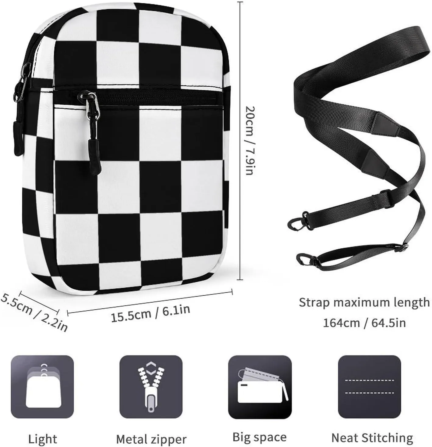 Black And White Checkered Pattern Crossbody Bag Small Shoulder Bag Waterproof, Lightweight And Convenient