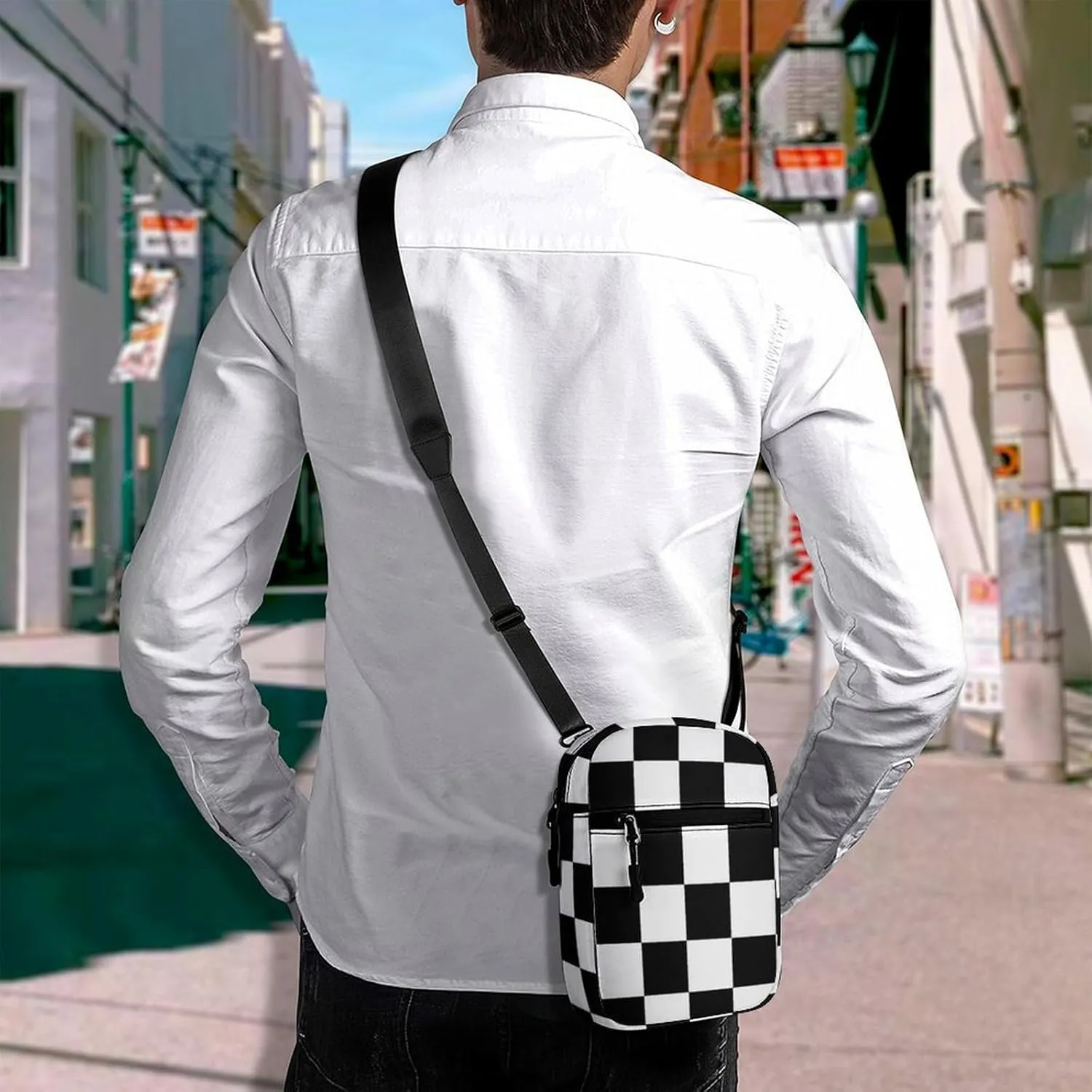 Black And White Checkered Pattern Crossbody Bag Small Shoulder Bag Waterproof, Lightweight And Convenient
