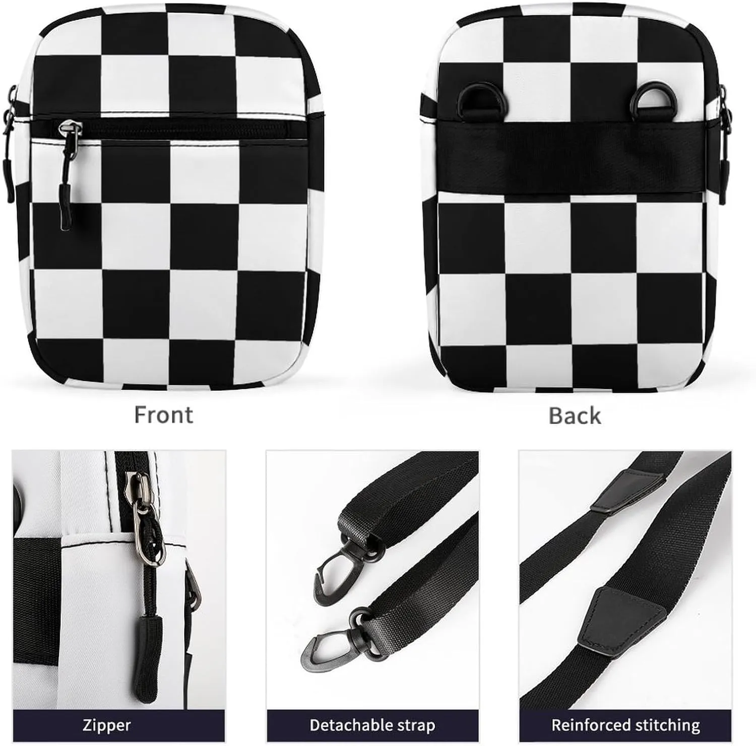 Black And White Checkered Pattern Crossbody Bag Small Shoulder Bag Waterproof, Lightweight And Convenient