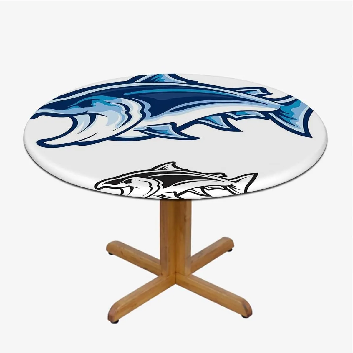 Blue Aqua White Elastic Fitted Round Tablecloths Swimming Futuristic Design Anti-Tear Wipeable Elastic Round Tablecloth Fit for 44"-47" Diameter Table Abstract