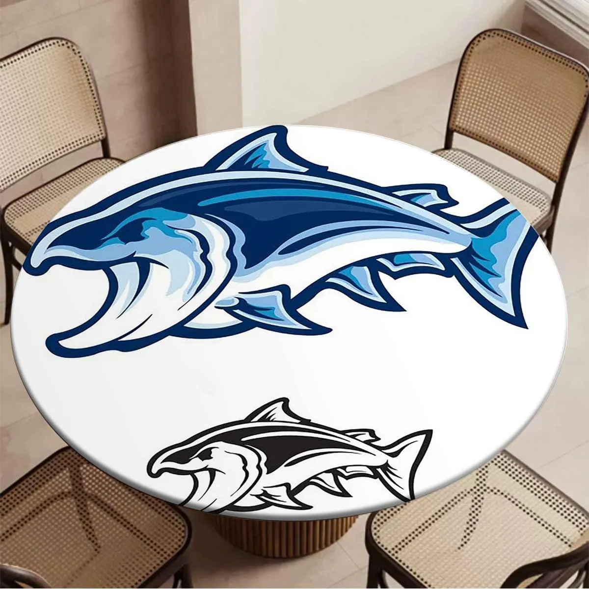 Blue Aqua White Elastic Fitted Round Tablecloths Swimming Futuristic Design Anti-Tear Wipeable Elastic Round Tablecloth Fit for 44"-47" Diameter Table Abstract