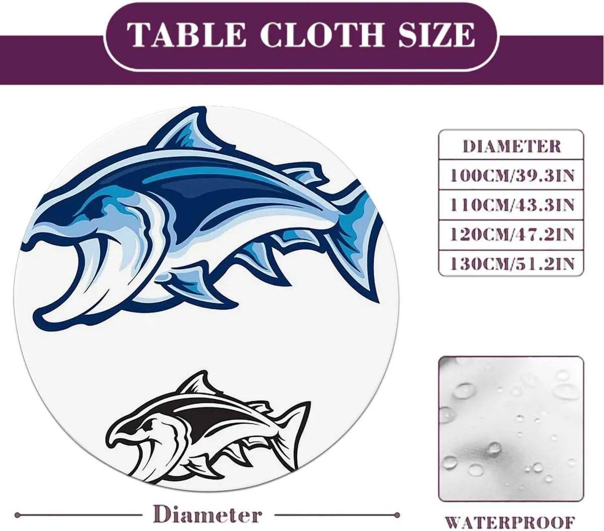 Blue Aqua White Elastic Fitted Round Tablecloths Swimming Futuristic Design Anti-Tear Wipeable Elastic Round Tablecloth Fit for 44"-47" Diameter Table Abstract