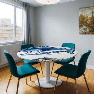 Blue Aqua White Elastic Fitted Round Tablecloths Swimming Futuristic Design Anti-Tear Wipeable Elastic Round Tablecloth Fit for 44"-47" Diameter Table Abstract