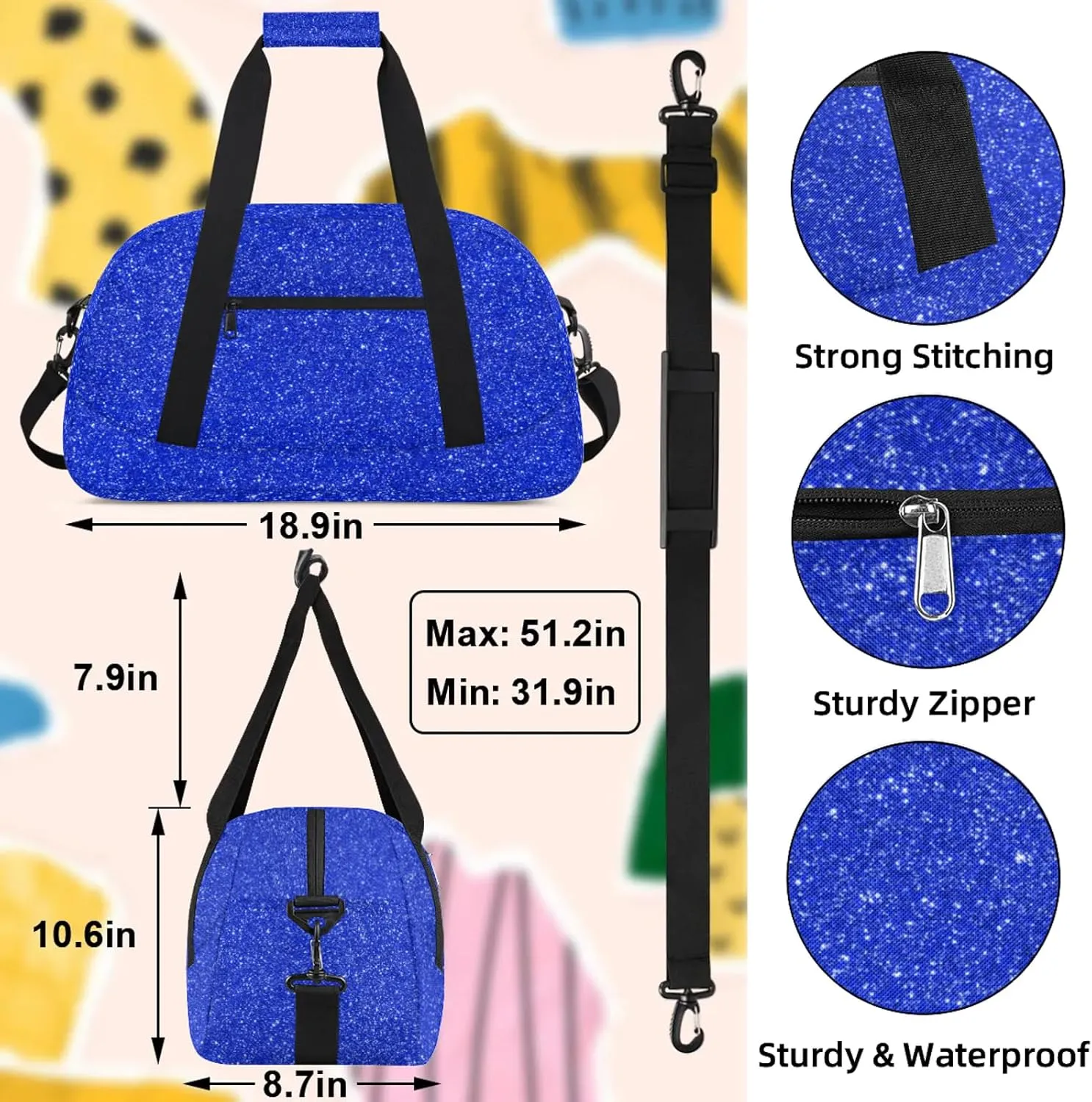 Blue Glitter Star Small Gym Bag 18 inch Carry On Duffel Bag for Weekender Travel Sports Workout Yoga Gymnastics Dance Ballet