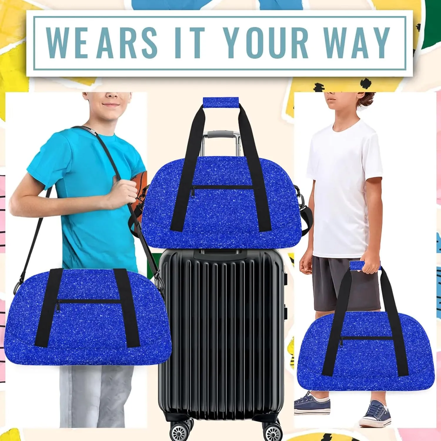 Blue Glitter Star Small Gym Bag 18 inch Carry On Duffel Bag for Weekender Travel Sports Workout Yoga Gymnastics Dance Ballet