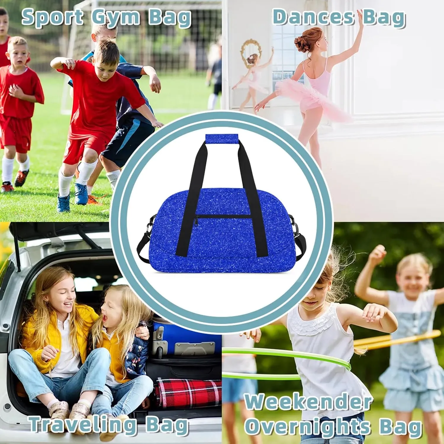 Blue Glitter Star Small Gym Bag 18 inch Carry On Duffel Bag for Weekender Travel Sports Workout Yoga Gymnastics Dance Ballet