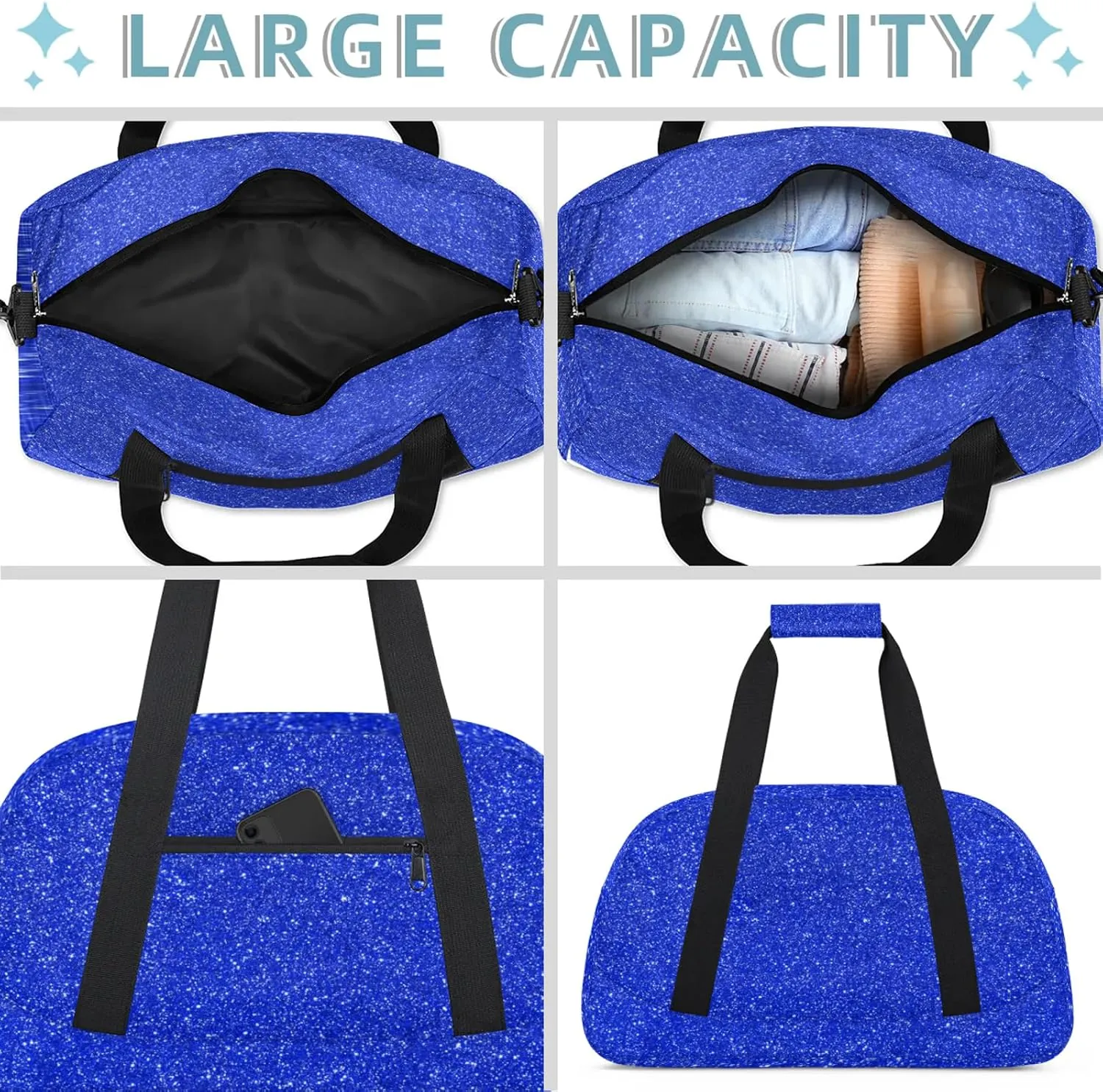 Blue Glitter Star Small Gym Bag 18 inch Carry On Duffel Bag for Weekender Travel Sports Workout Yoga Gymnastics Dance Ballet
