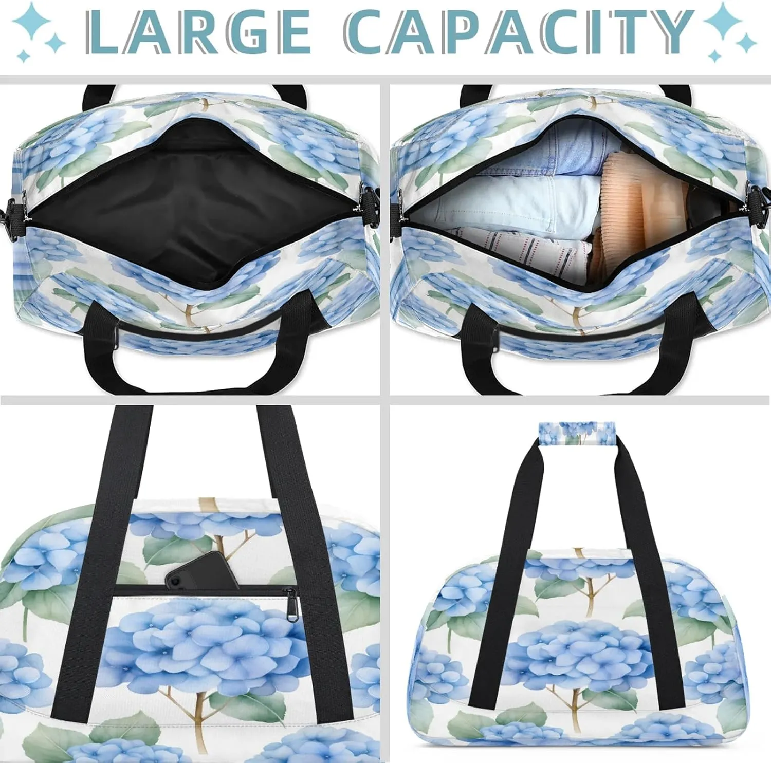 Blue Hydrangeas Small Gym Bag 18 inch Carry On Duffel Bag for Weekender Travel Sports Workout Yoga Gymnastics Dance Ballet