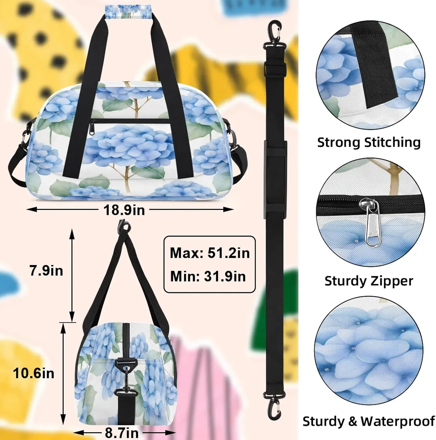 Blue Hydrangeas Small Gym Bag 18 inch Carry On Duffel Bag for Weekender Travel Sports Workout Yoga Gymnastics Dance Ballet