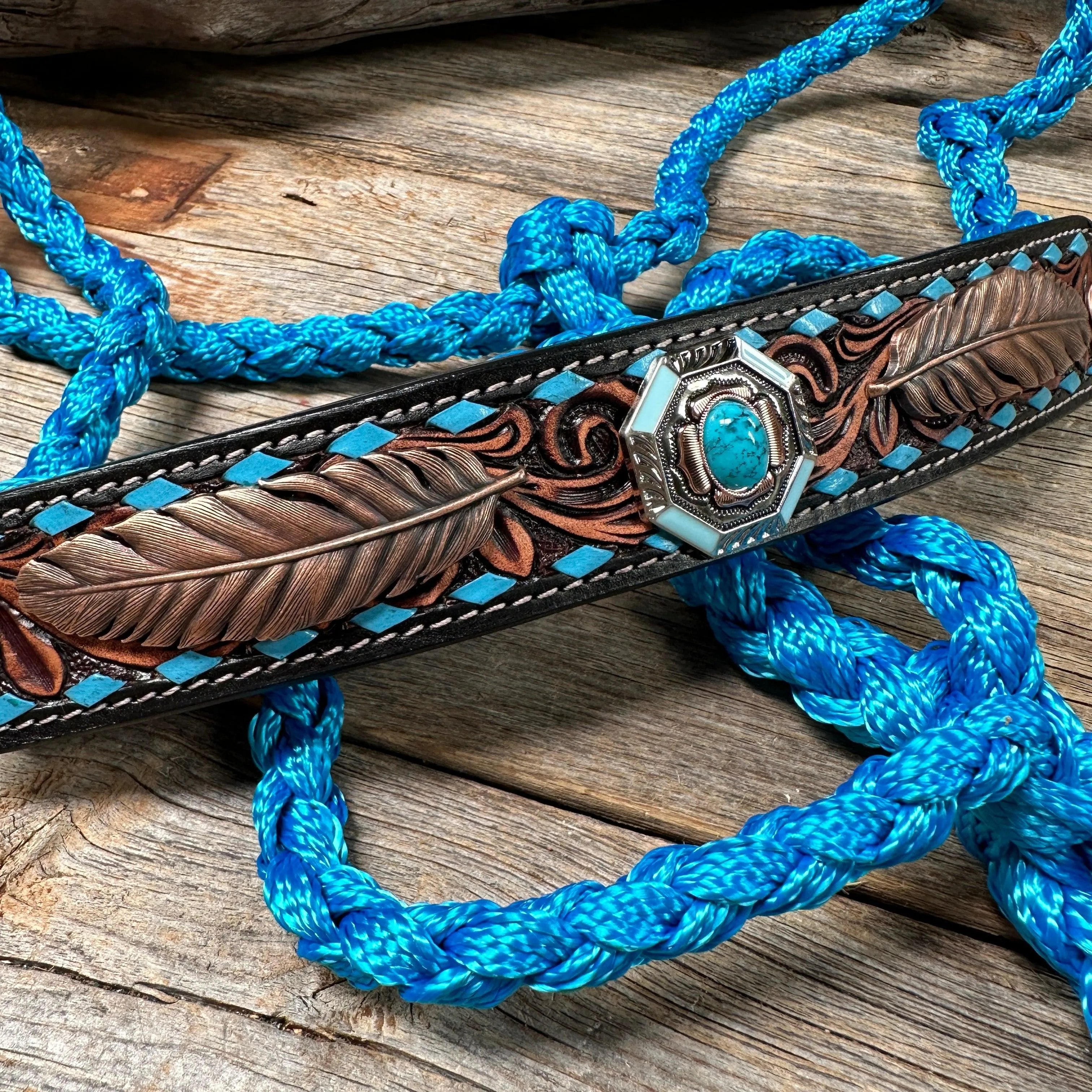 Blue Mule Tape Halter - Feathers and Turquoise #MT214
