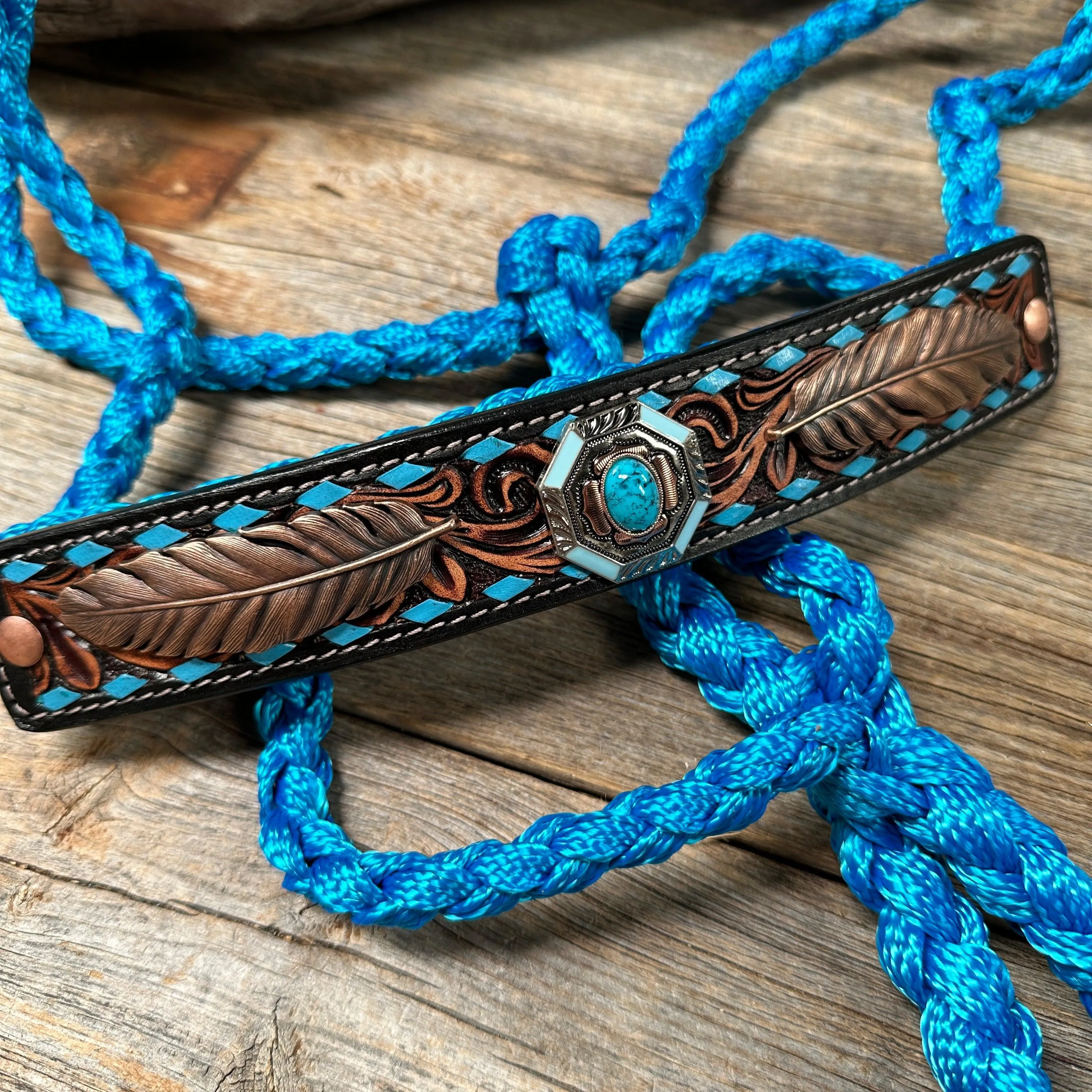 Blue Mule Tape Halter - Feathers and Turquoise #MT214