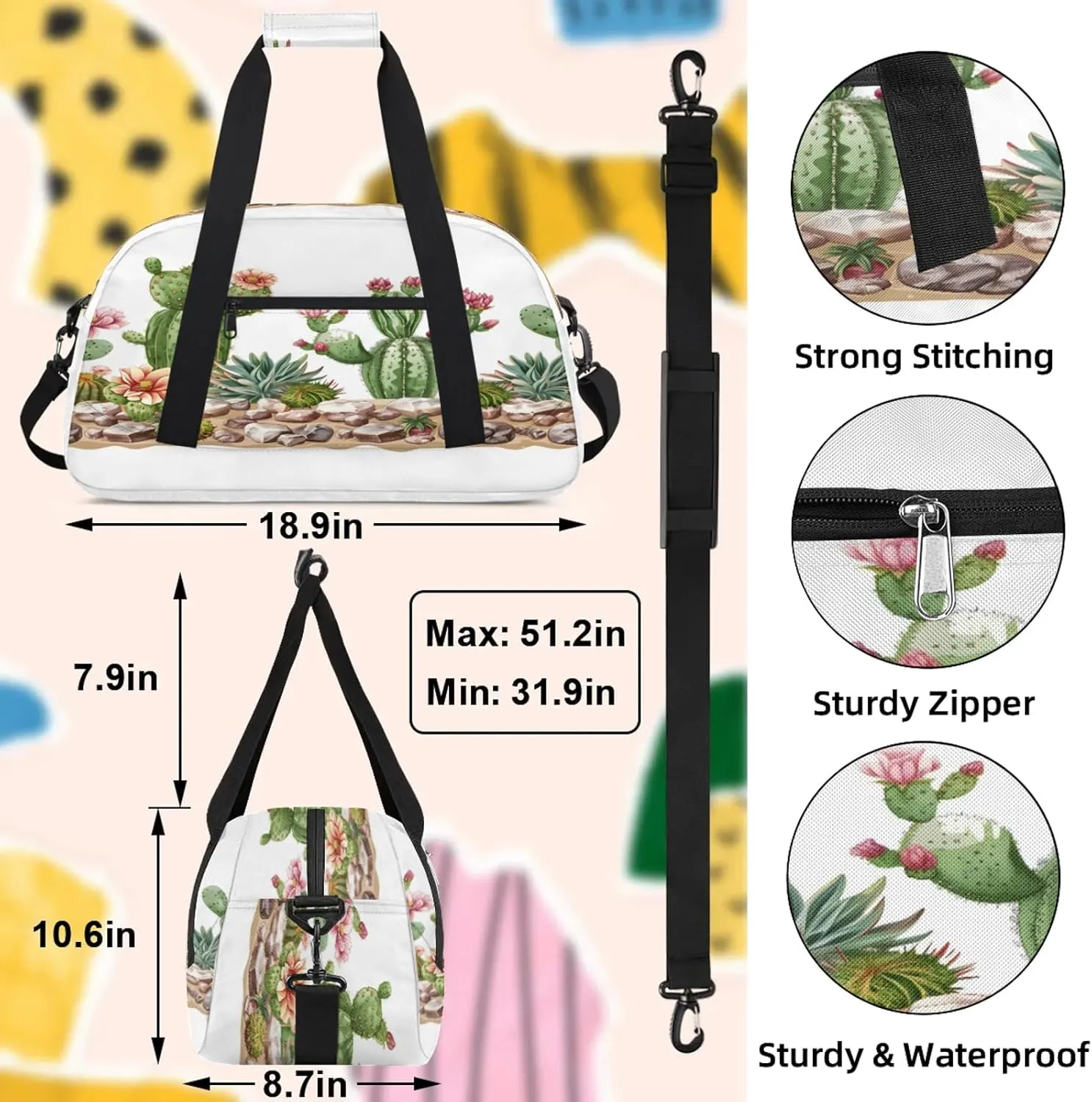 Cacti Succulen Small Gym Bag 18 inch Carry On Duffel Bag for Weekender Travel Sports Workout Yoga Gymnastics Dance Ballet