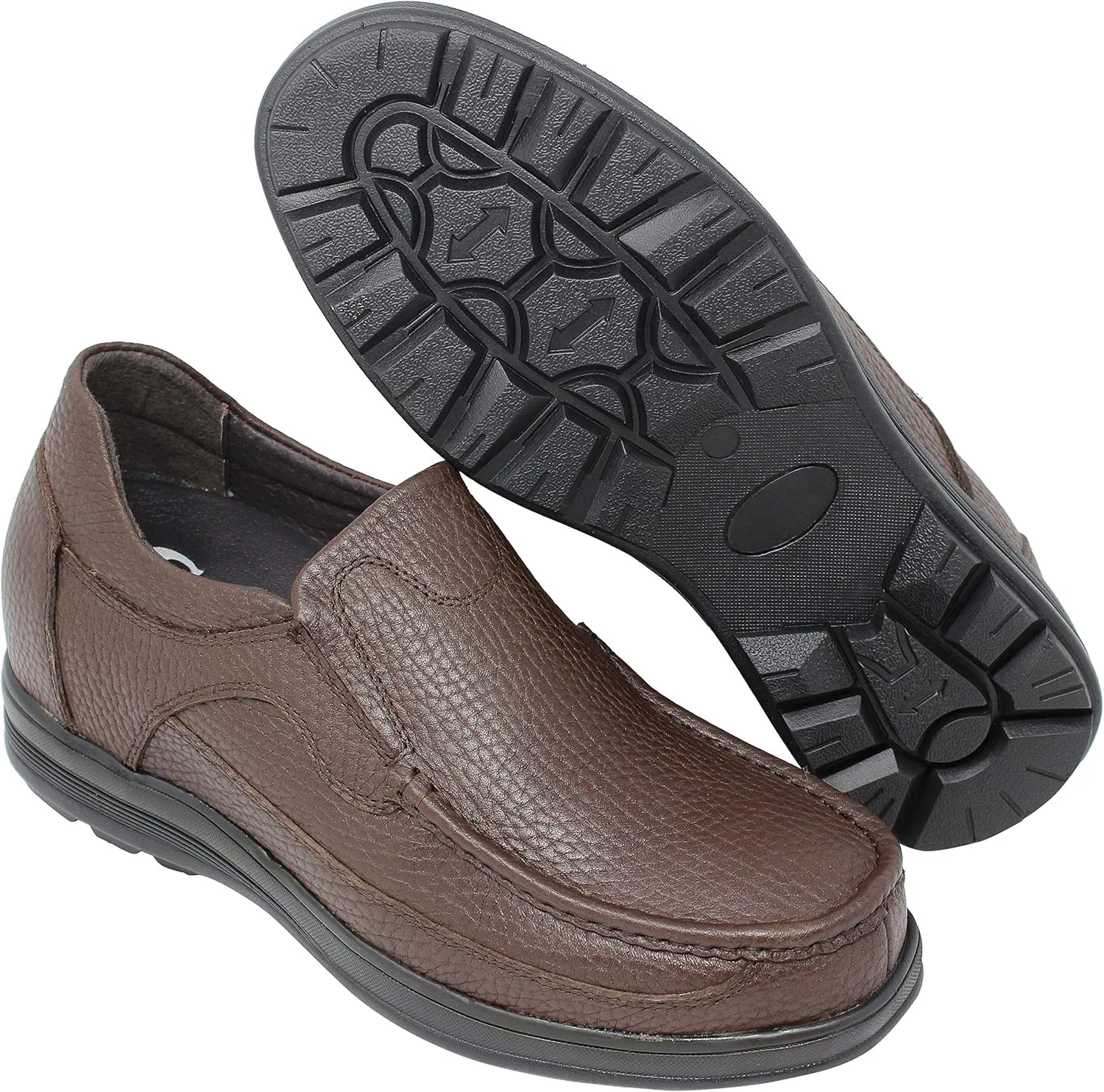 CALTO Men's Invisible Height Increasing Elevator Shoes - Brown Premium Leather Slip-on Lightweight Casual Loafers - 3 Inches Taller - G1827 - Size 10 D(M) US
