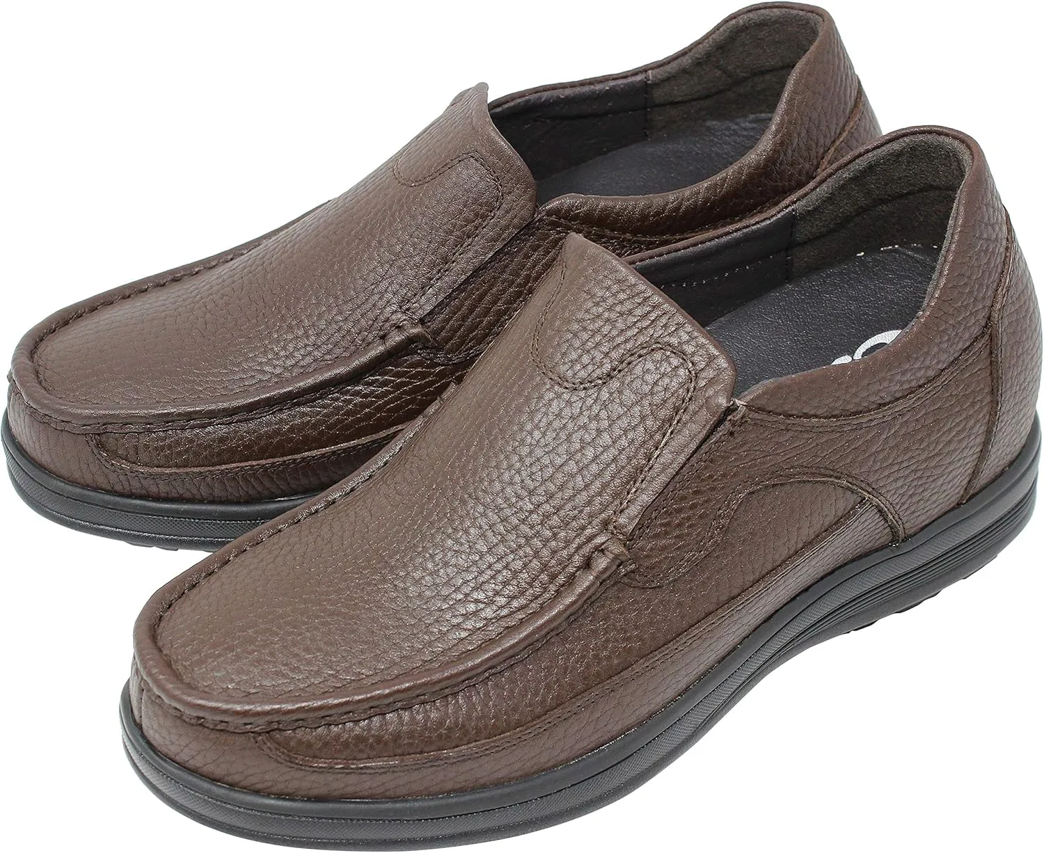 CALTO Men's Invisible Height Increasing Elevator Shoes - Brown Premium Leather Slip-on Lightweight Casual Loafers - 3 Inches Taller - G1827 - Size 10 D(M) US