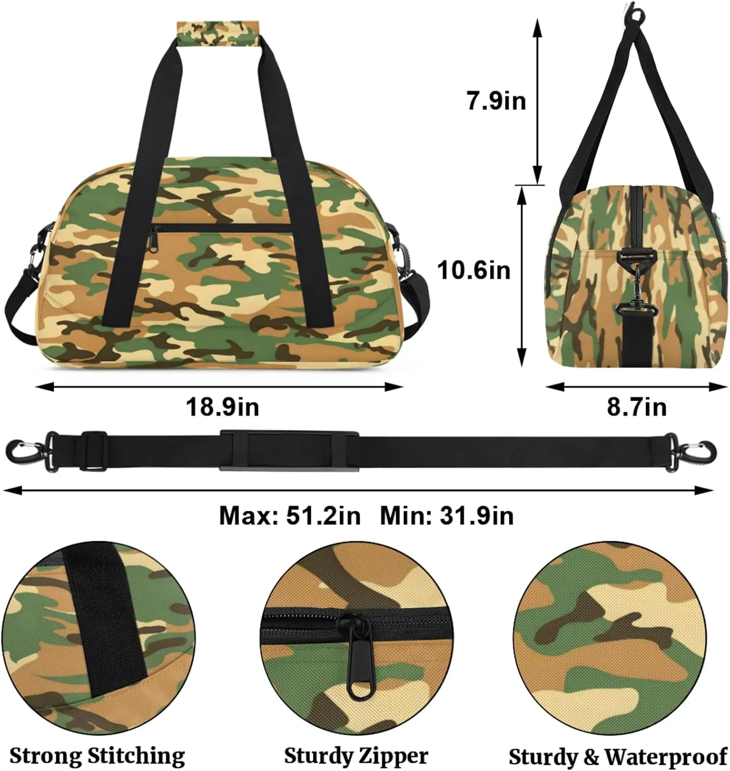 Camo Army Gym Bag for Women Men, Sports Travel Duffel Bag Lightweight Workout Bag Carry On Overnight Weekender Bag