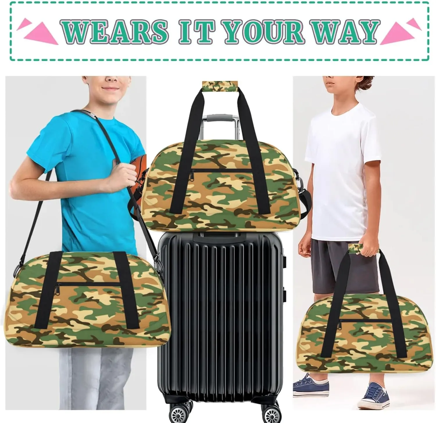 Camo Army Gym Bag for Women Men, Sports Travel Duffel Bag Lightweight Workout Bag Carry On Overnight Weekender Bag