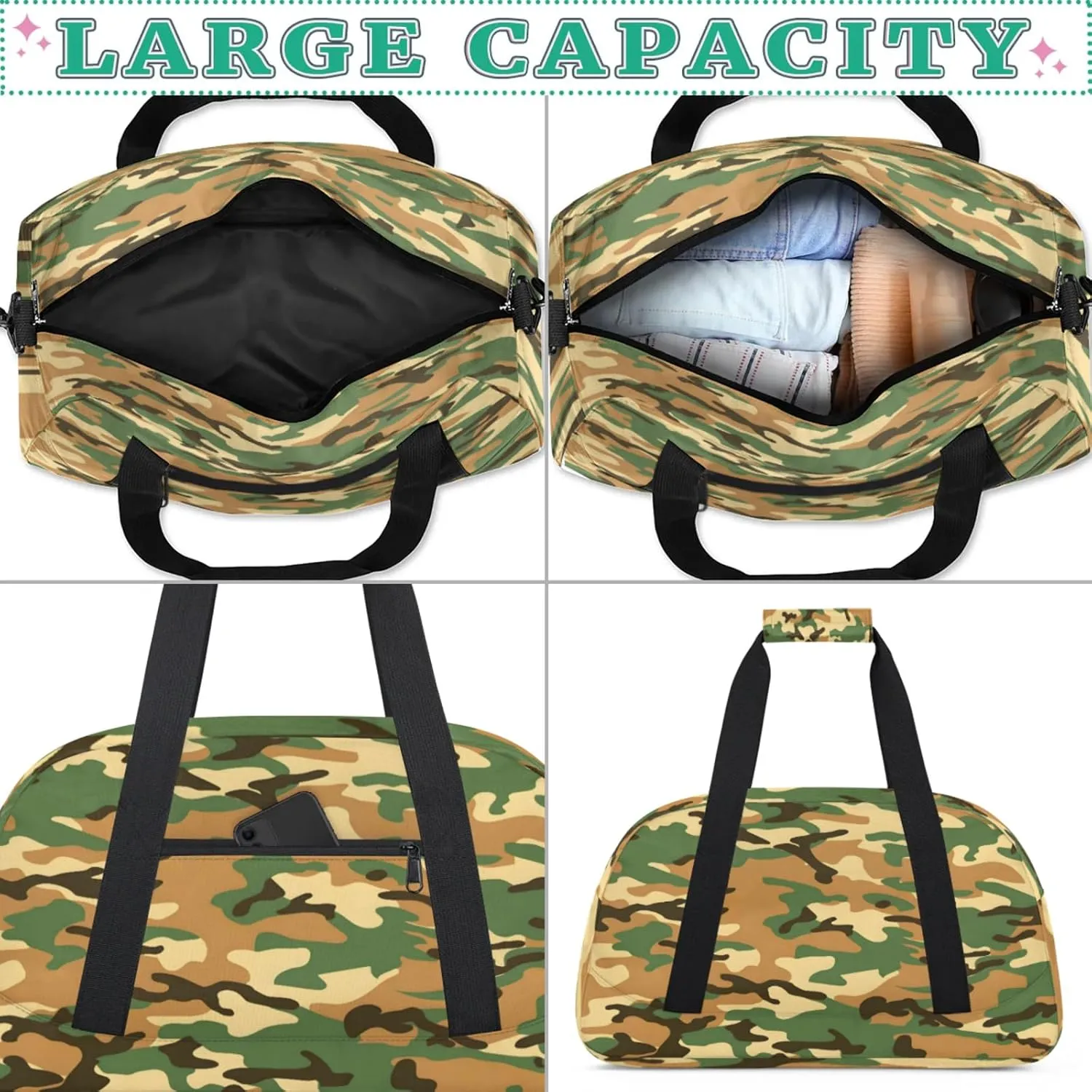 Camo Army Gym Bag for Women Men, Sports Travel Duffel Bag Lightweight Workout Bag Carry On Overnight Weekender Bag