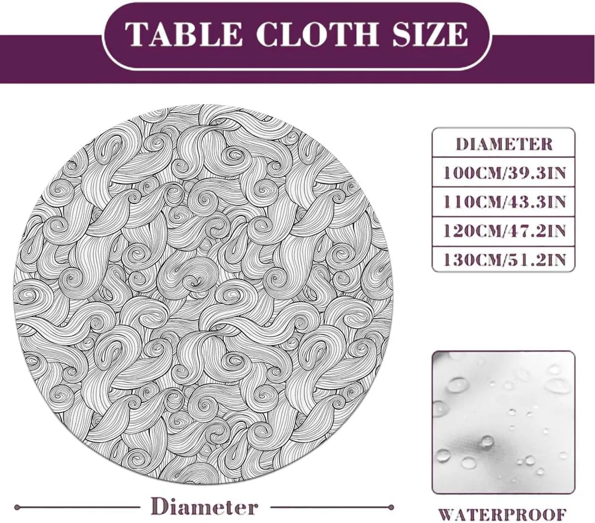 Charcoal Grey White Round Tablecloth with Elastic Edged Abstract Geometric Waves Ocean Elastic Edge, Waterproof and wipeable Dark Grey Fit for 36"-39" Table