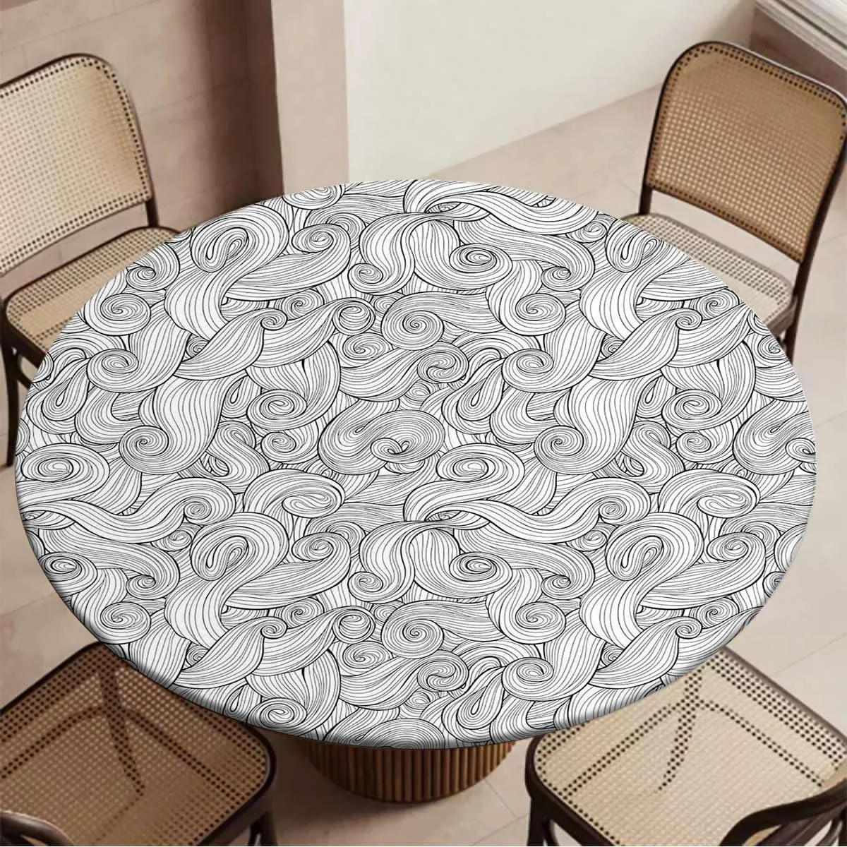 Charcoal Grey White Round Tablecloth with Elastic Edged Abstract Geometric Waves Ocean Elastic Edge, Waterproof and wipeable Dark Grey Fit for 36"-39" Table