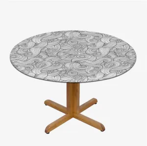 Charcoal Grey White Round Tablecloth with Elastic Edged Abstract Geometric Waves Ocean Elastic Edge, Waterproof and wipeable Dark Grey Fit for 36"-39" Table