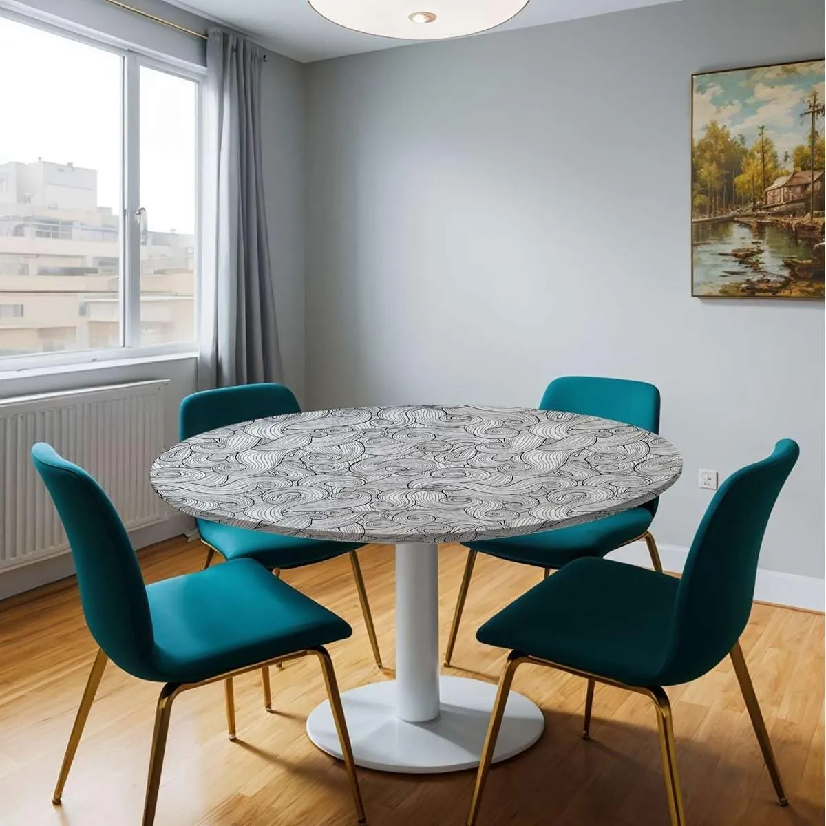 Charcoal Grey White Round Tablecloth with Elastic Edged Abstract Geometric Waves Ocean Elastic Edge, Waterproof and wipeable Dark Grey Fit for 36"-39" Table
