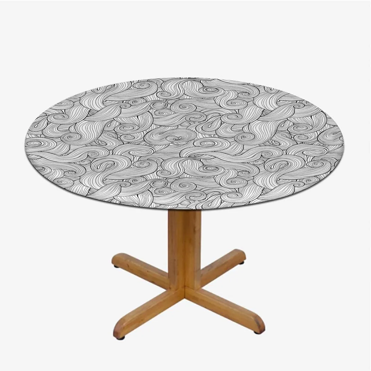 Charcoal Grey White Round Tablecloth with Elastic Edged Abstract Geometric Waves Ocean Elastic Edge, Waterproof and wipeable Dark Grey Fit for 36"-39" Table