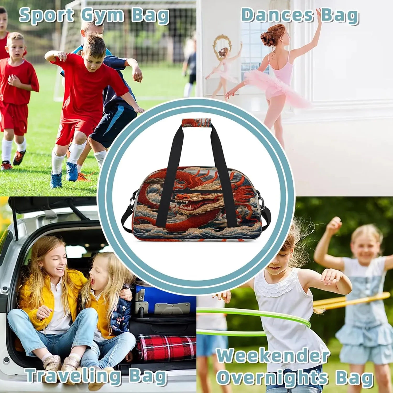 Chinese Dragon Small Gym Bag 18 inch Carry On Duffel Bag for Weekender Travel Sports Workout Yoga Gymnastics Dance Ballet