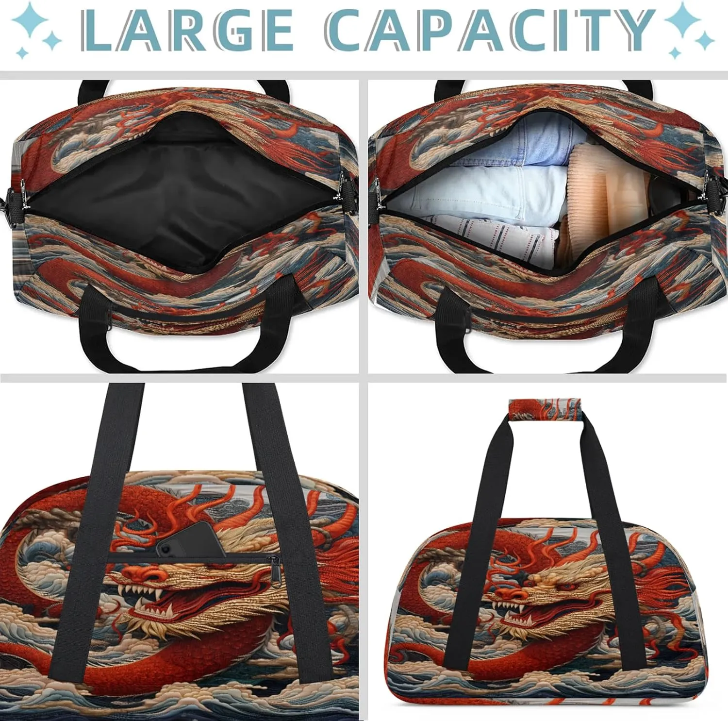 Chinese Dragon Small Gym Bag 18 inch Carry On Duffel Bag for Weekender Travel Sports Workout Yoga Gymnastics Dance Ballet