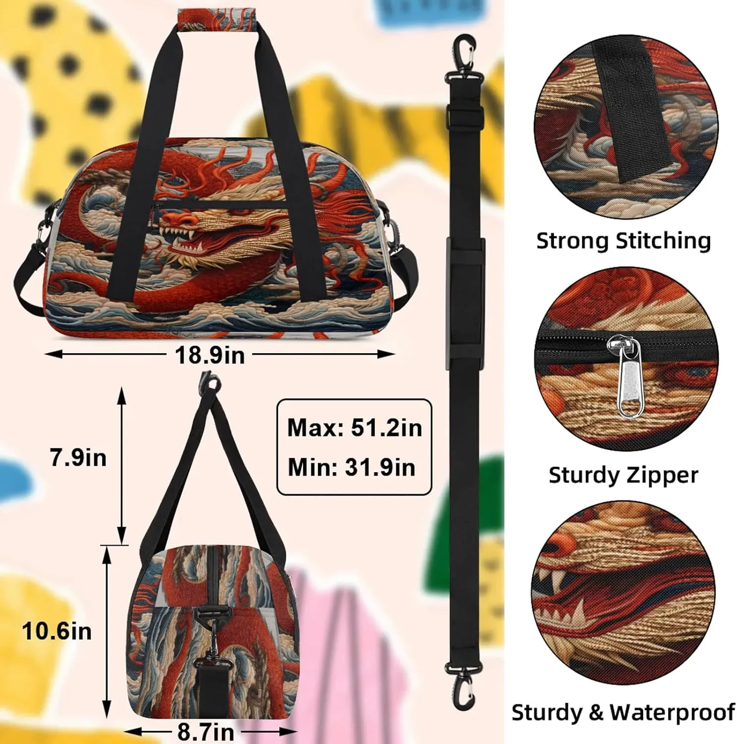 Chinese Dragon Small Gym Bag 18 inch Carry On Duffel Bag for Weekender Travel Sports Workout Yoga Gymnastics Dance Ballet