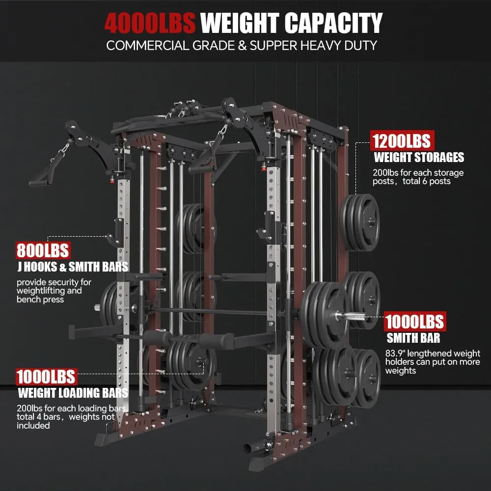 Commercial smithMachine with Smith Bar, 4000LB Power Cage Squat Rack with Lever Arm, Leg Press, LAT Pull Down System, Multi-Function Linear Bearing Cable Crossover Machine for Home Gym