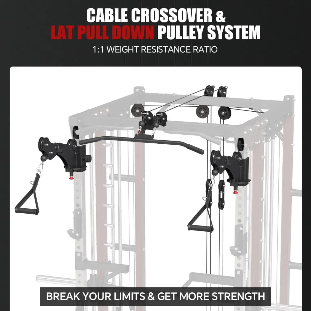 Commercial smithMachine with Smith Bar, 4000LB Power Cage Squat Rack with Lever Arm, Leg Press, LAT Pull Down System, Multi-Function Linear Bearing Cable Crossover Machine for Home Gym