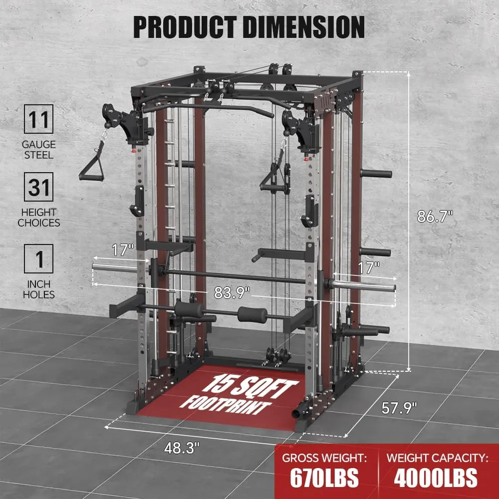 Commercial smithMachine with Smith Bar, 4000LB Power Cage Squat Rack with Lever Arm, Leg Press, LAT Pull Down System, Multi-Function Linear Bearing Cable Crossover Machine for Home Gym