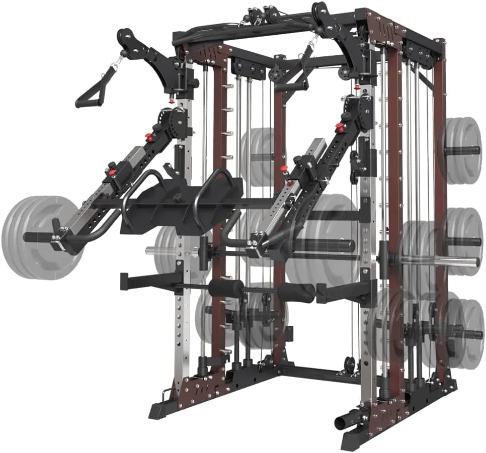 Commercial smithMachine with Smith Bar, 4000LB Power Cage Squat Rack with Lever Arm, Leg Press, LAT Pull Down System, Multi-Function Linear Bearing Cable Crossover Machine for Home Gym