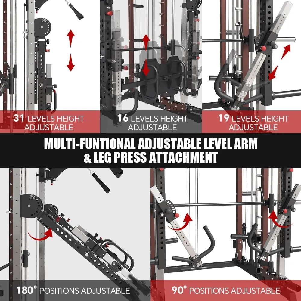 Commercial smithMachine with Smith Bar, 4000LB Power Cage Squat Rack with Lever Arm, Leg Press, LAT Pull Down System, Multi-Function Linear Bearing Cable Crossover Machine for Home Gym